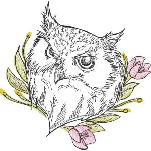 Sketch owl with flower embroidery design