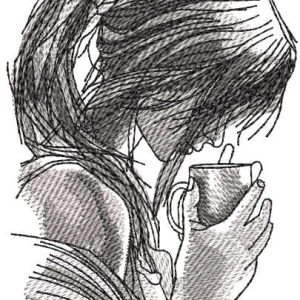 Sketch girl with hot cup drink embroidery design