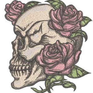 Skull overgrown with roses embroidery design