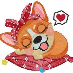 Sleeping dreaming corgi embroidery design
