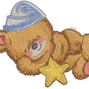 Sleeping teddy bear in nightcap with star embroidery design