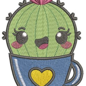 Smiling cactus in a pot with heart embroidery design