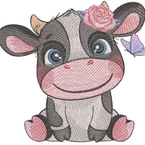 Smiling cow with butterfly embroidery design