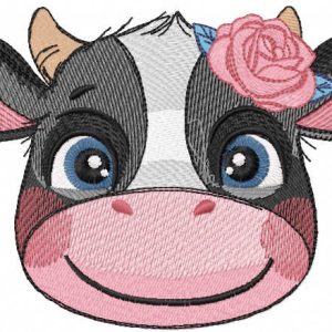Smiling cow with rose embroidery design