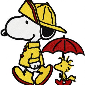 Snoopy and Woodstock walking under rain embroidery design