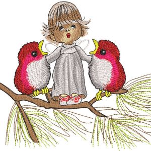 Snow angel sings songs with birds embroidery design