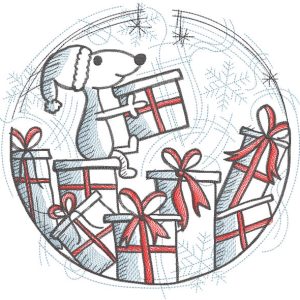 Snow globe dog prepares gifts embroidery design