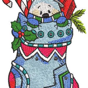 Snowman in a sock with candy canes embroidery design