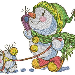 Snowman on walk with friend embroidery design