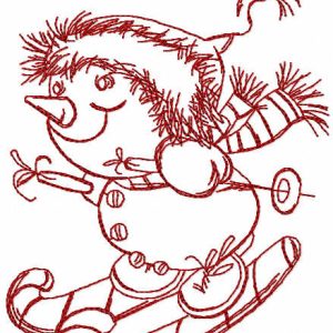Snowman skiing redwork embroidery design