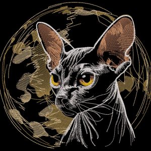 Sphinx cat on the background of the planet embroidery design