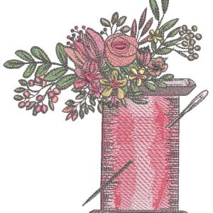Spool thread, needle in flowers vintage embroidery design