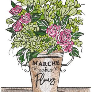 Spring bouquet with roses in tin bucket embroidery design