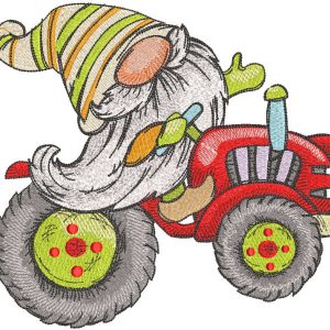 Spring gnome on a tractor embroidery design