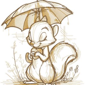 Squirrel with a heart under an umbrella embroidery design