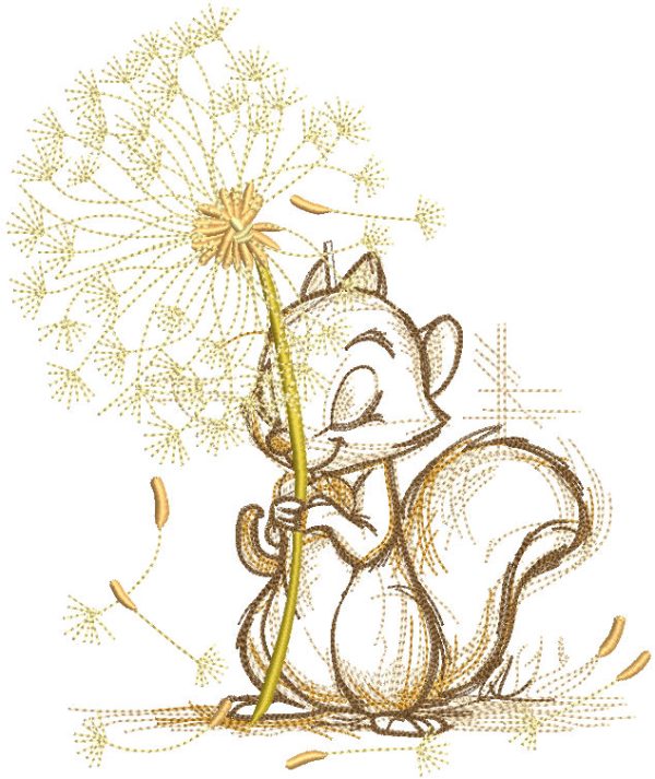 Squirrel with dandelion embroidery design