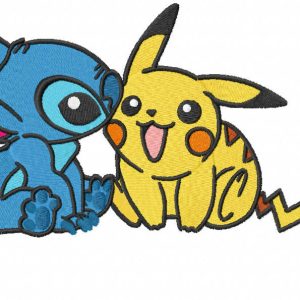 Stitch kissing pokemon embroidery design