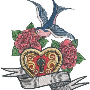 Swallow lock and rose embroidery design