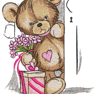 Teddy bear with gift opens door embroidery design