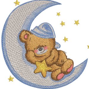Teddy bear sleeps on the crescent embroidery design