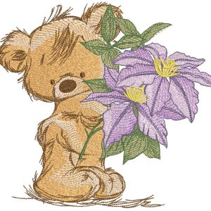Teddy bear with a bouquet of hydrangeas embroidery design