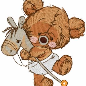 Teddy bear with horse on a stick embroidery design