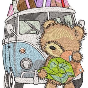 Teddy bear with map near to minibus embroidery design