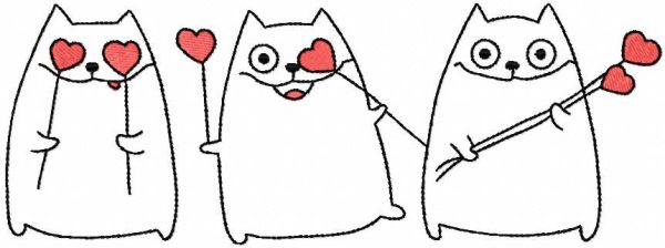 Three cats in love with candy hearts embroidery design