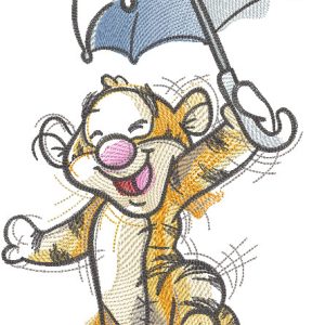 Tiger flying under an umbrella embroidery design