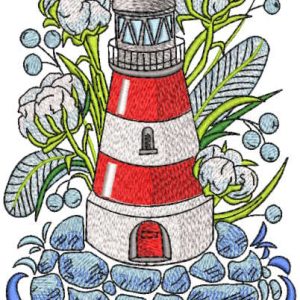 Toy lighthouse in garden embroidery design