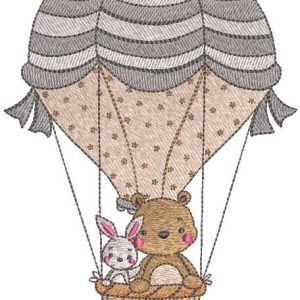 Toys are flying in a balloon embroidery design
