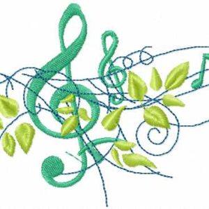 Treble clef with green leaves embroidery design