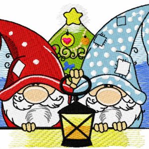 Two Christmas dwarves with lantern embroidery design
