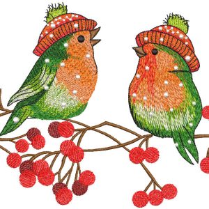 Two singing winter birds in knitted hats embroidery design