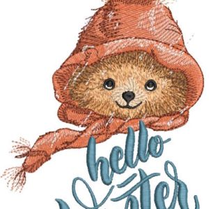 Vintage bear hello winter embroidery design