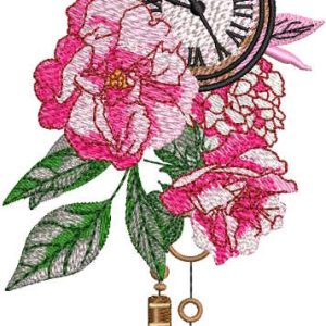 Vintage clock in rose garden embroidery design