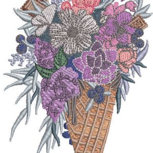 Waffle cone with bouquet of beautiful flowers embroidery design