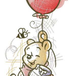 Winne Pooh flies in a balloon embroidery design