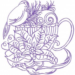 Winter composition with bird, cup, Christmas tree toy embroidery design