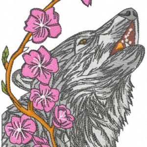 Wolf and branch with flowers embroidery design