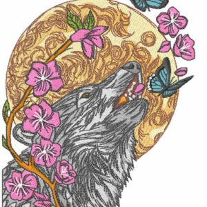 Wolf and butterflies embroidery design