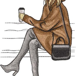Woman on bench with glass of coffee embroidery design