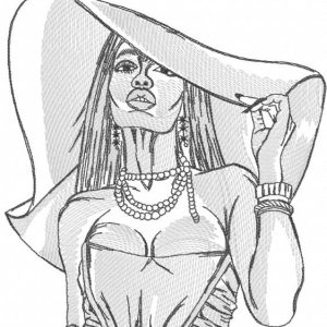 Woman in awide brimmed hat greyscale embroidery design