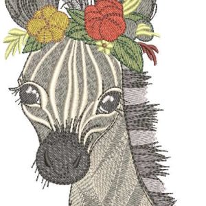 Zebra with spring flower wreath embroidery design