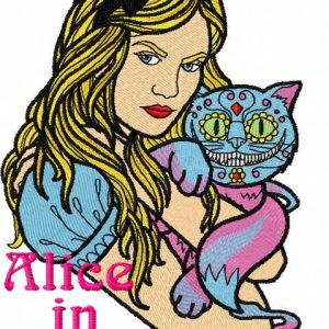 Alice and Cheshire cat embroidery design