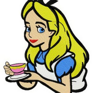 Alice with coffee cup embroidery design