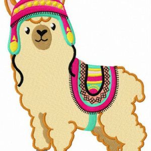 Alpaca with colorful hat and horsecloth embroidery design