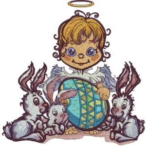 Angel and Easter bunnies embroidery design