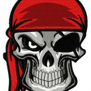 Angry pirate's skull with red bandana embroidery design