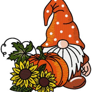 Autumn gnome with sun flowers embroidery design